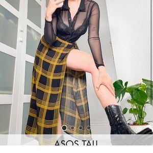 ASOS DESIGN Tall midi skirt with belt detail in
mustard plaid